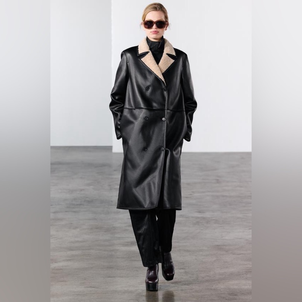 Zara NWT black leather and shearling coat